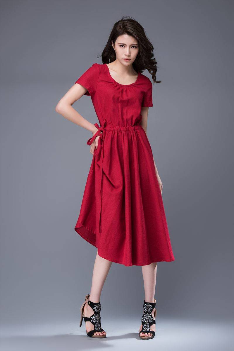 Red dress, scoop neck dress, linen dress, midi dress, drawstring dress, everyday dress, elegant dress, summer dress, pleated dress C887