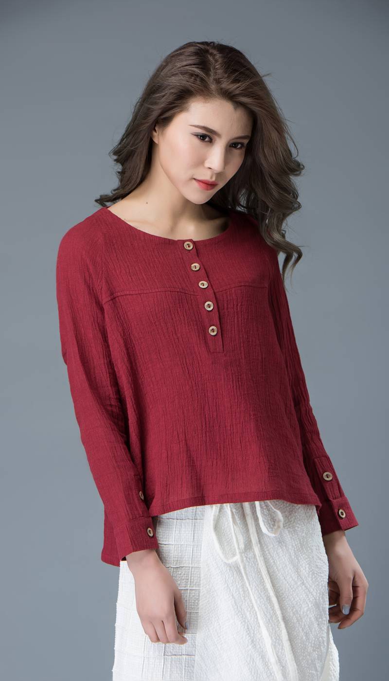 Linen top, womens tops, red linen top, buttons top, mini blouse, handmade blouse, linen blouse, loose shirts, made to order C842
