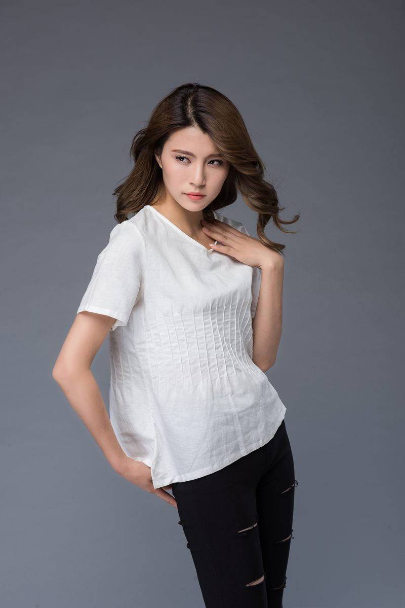 White top, linen top, summer shirt, womens blouse, asymmetrical tops, short shirt, casual top, v neck top, white tee, handmade top C948