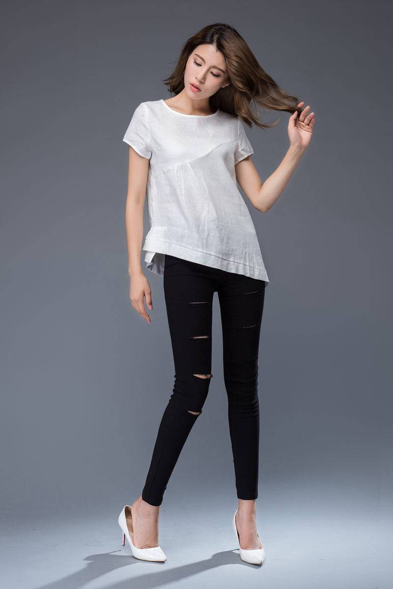 White linen T-shirt, irregular T-shirt, round neck ,loose fit T- Shirt, casual women T-shirt C949