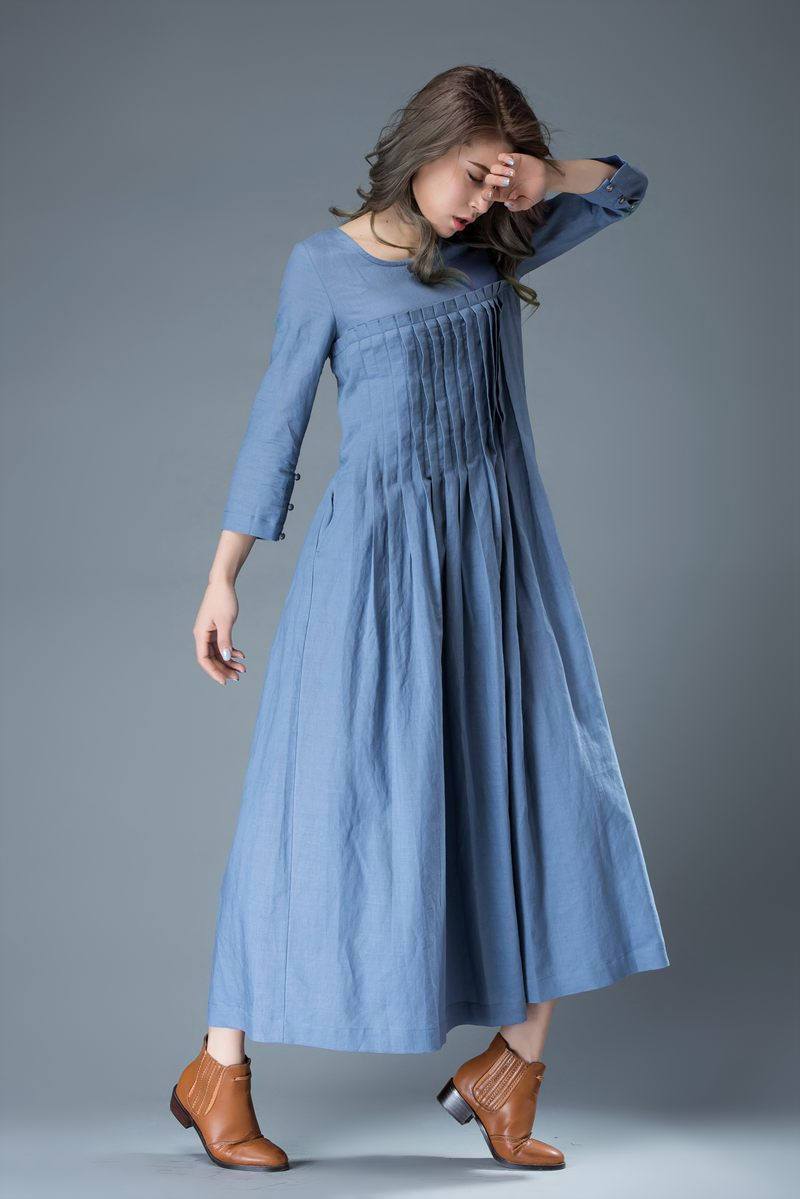 Linen dress for women, Maxi dress pockets, linen dress, long linen dress, womens dresses, loose linen dress, pleated dress, blue dress C811