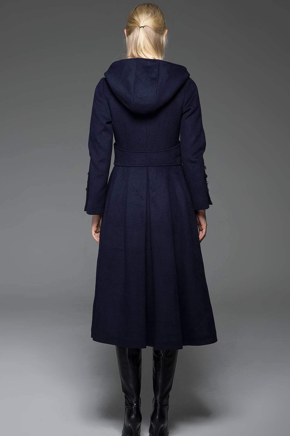 Navy Military Style Coat - Long Modern Dark Blue Hooded Winter Wool Designer Coat with Pockets and Button Detail C739