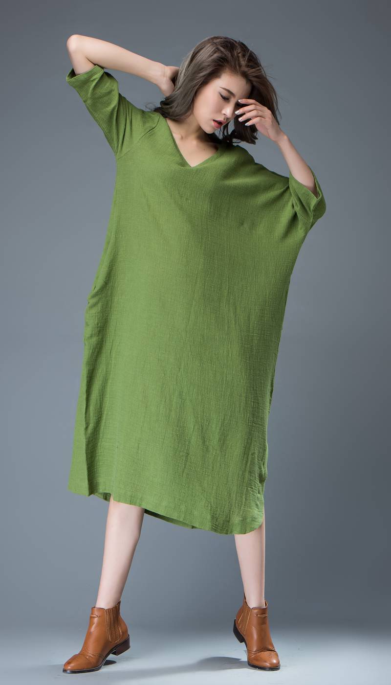 Green Linen dress, midi dress, womens dresses, plus size dress, summer dress, handmade dress, custom dress, dress with pockets C818