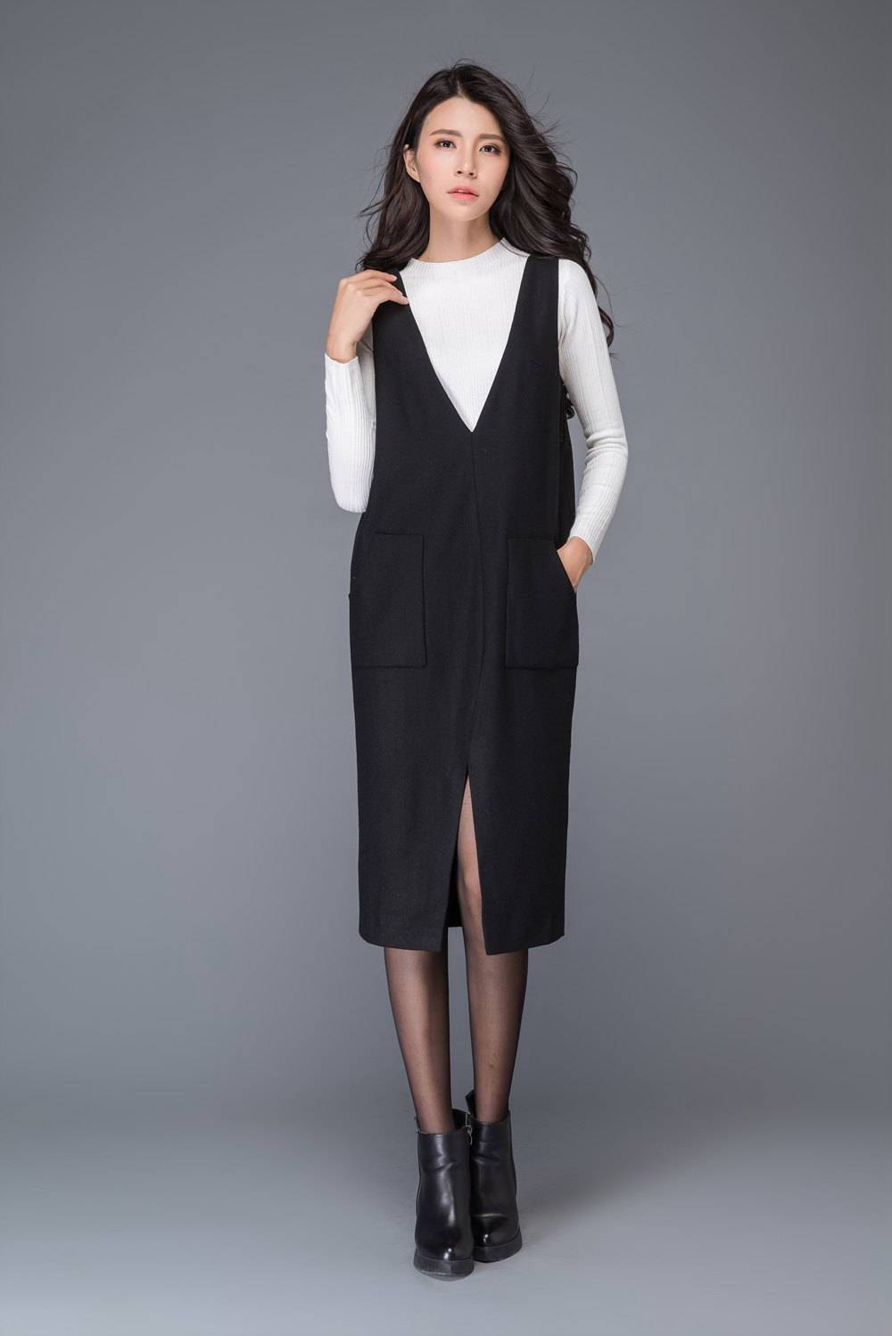 Black wool dress, strap dress, big V neck dress, winter dress, split dress, midi dress, women dresses, maxi dress, sleeveless dress C1009