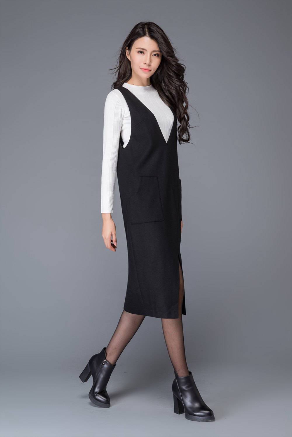 Black wool dress, strap dress, big V neck dress, winter dress, split dress, midi dress, women dresses, maxi dress, sleeveless dress C1009