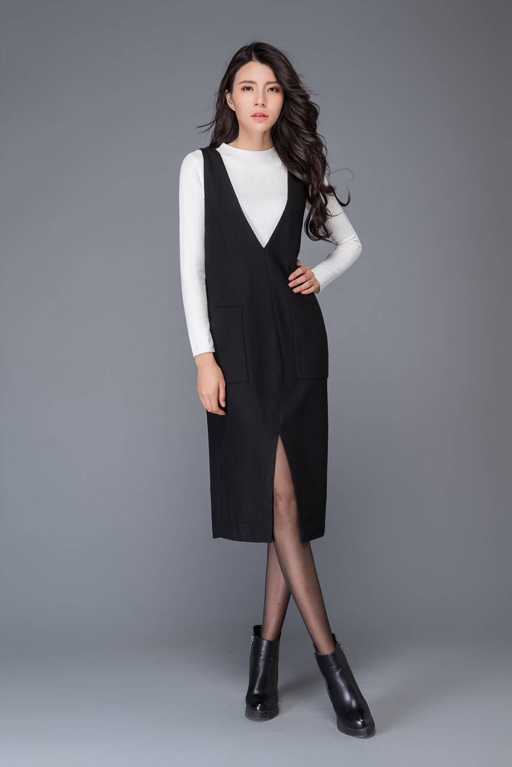 Black wool dress, strap dress, big V neck dress, winter dress, split dress, midi dress, women dresses, maxi dress, sleeveless dress C1009