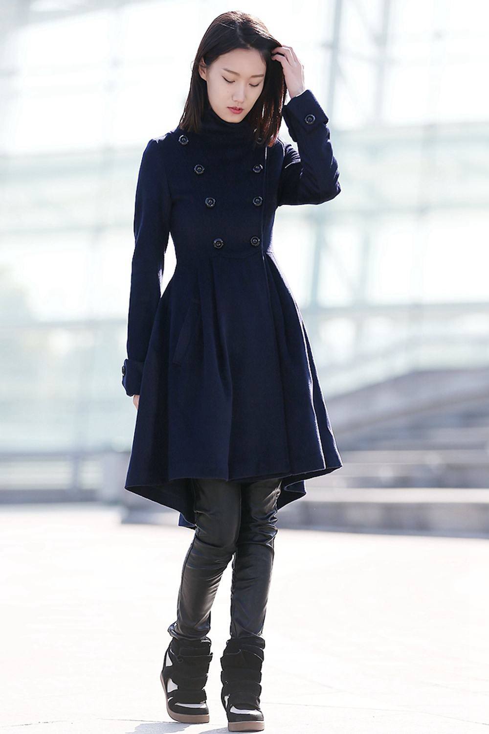 Navy blue winter midi warm winter coat C164