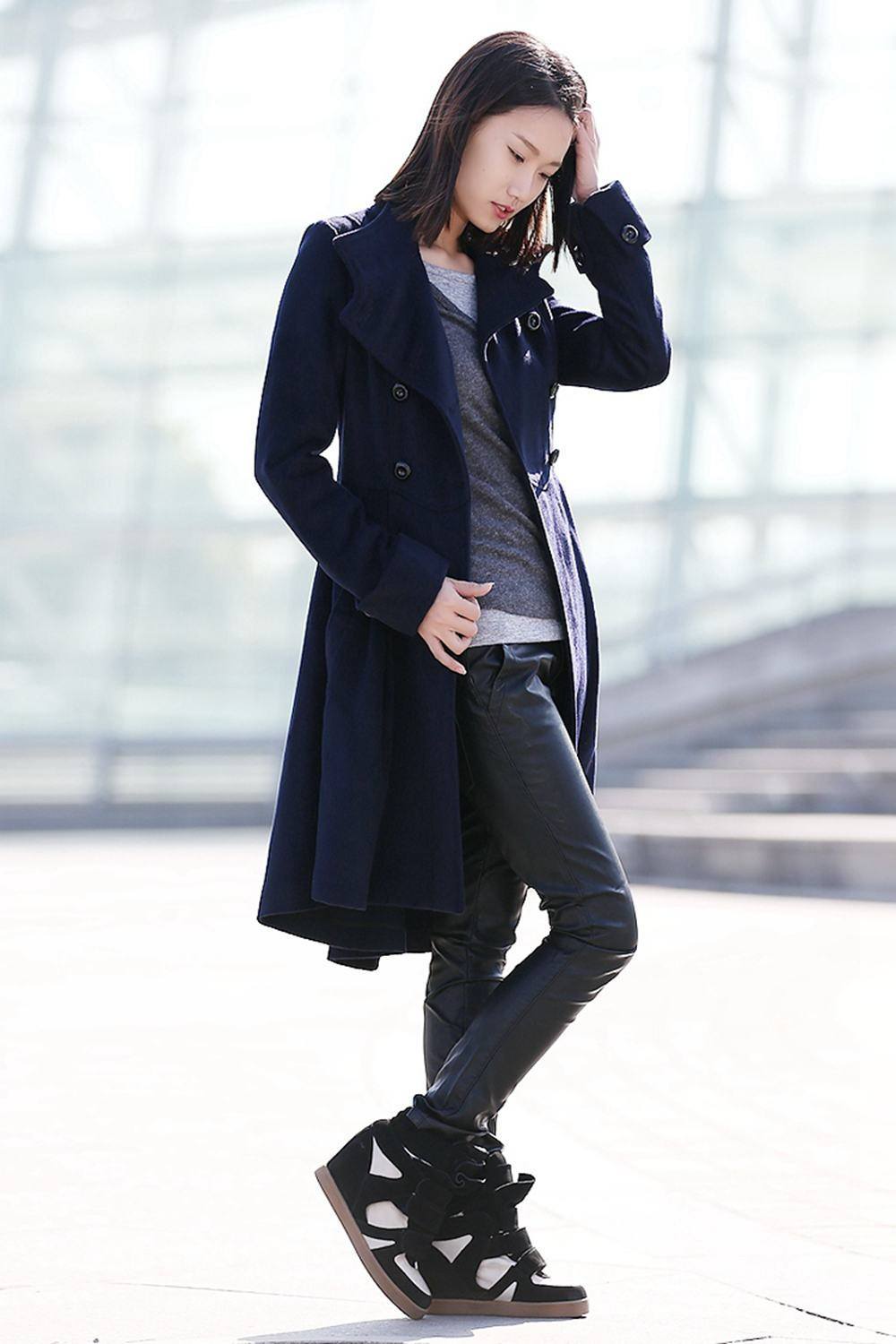 Navy blue winter midi warm winter coat C164