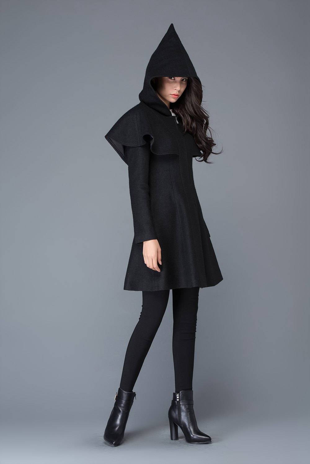 black coat, Wool coat, womens coats, winter coat, black wool coat, hooded cloak, hoody coat, wool coat women, vintage wool coat C1023
