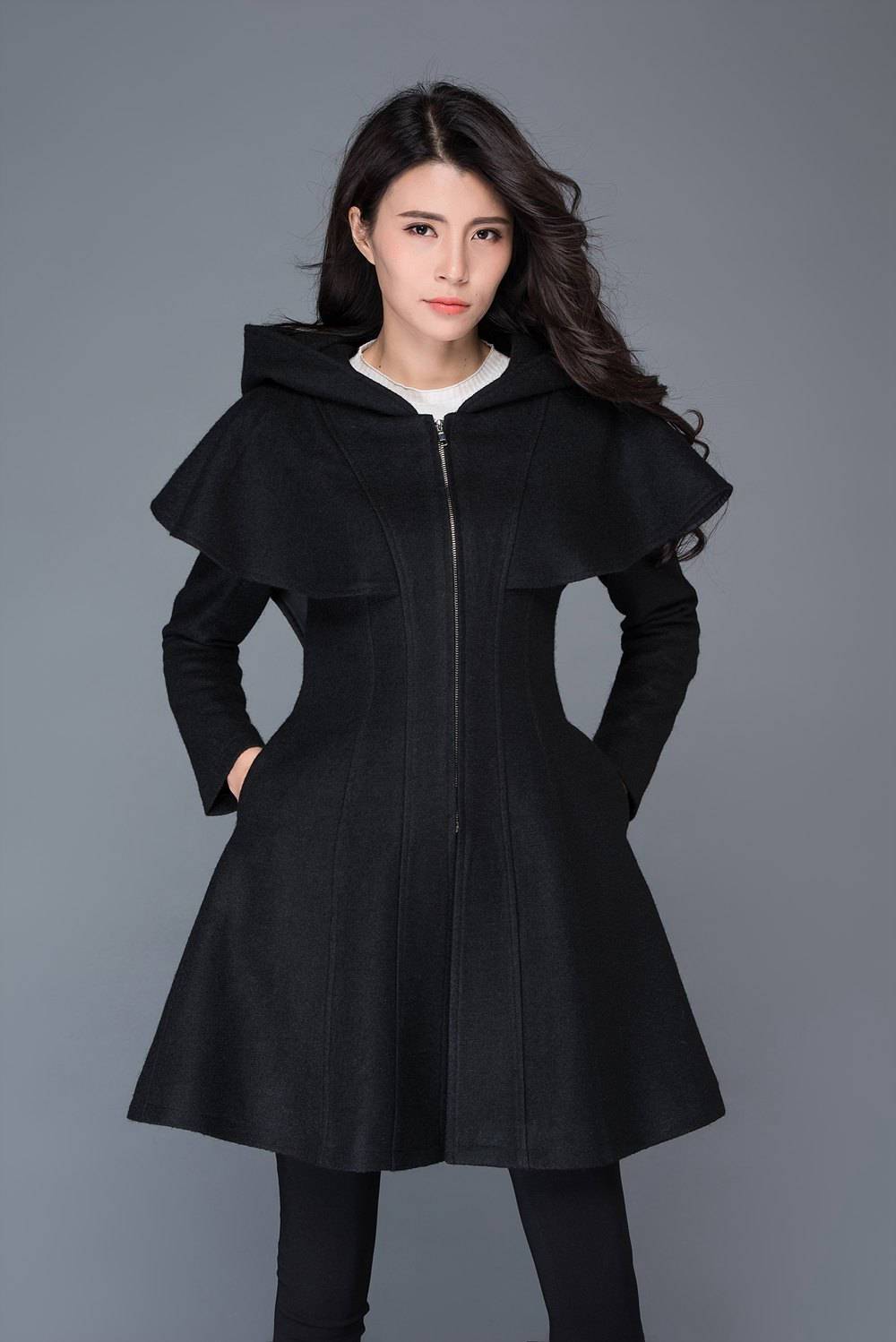 black coat, Wool coat, womens coats, winter coat, black wool coat, hooded cloak, hoody coat, wool coat women, vintage wool coat C1023
