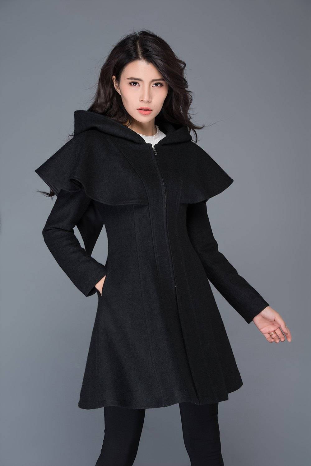 black coat, Wool coat, womens coats, winter coat, black wool coat, hooded cloak, hoody coat, wool coat women, vintage wool coat C1023