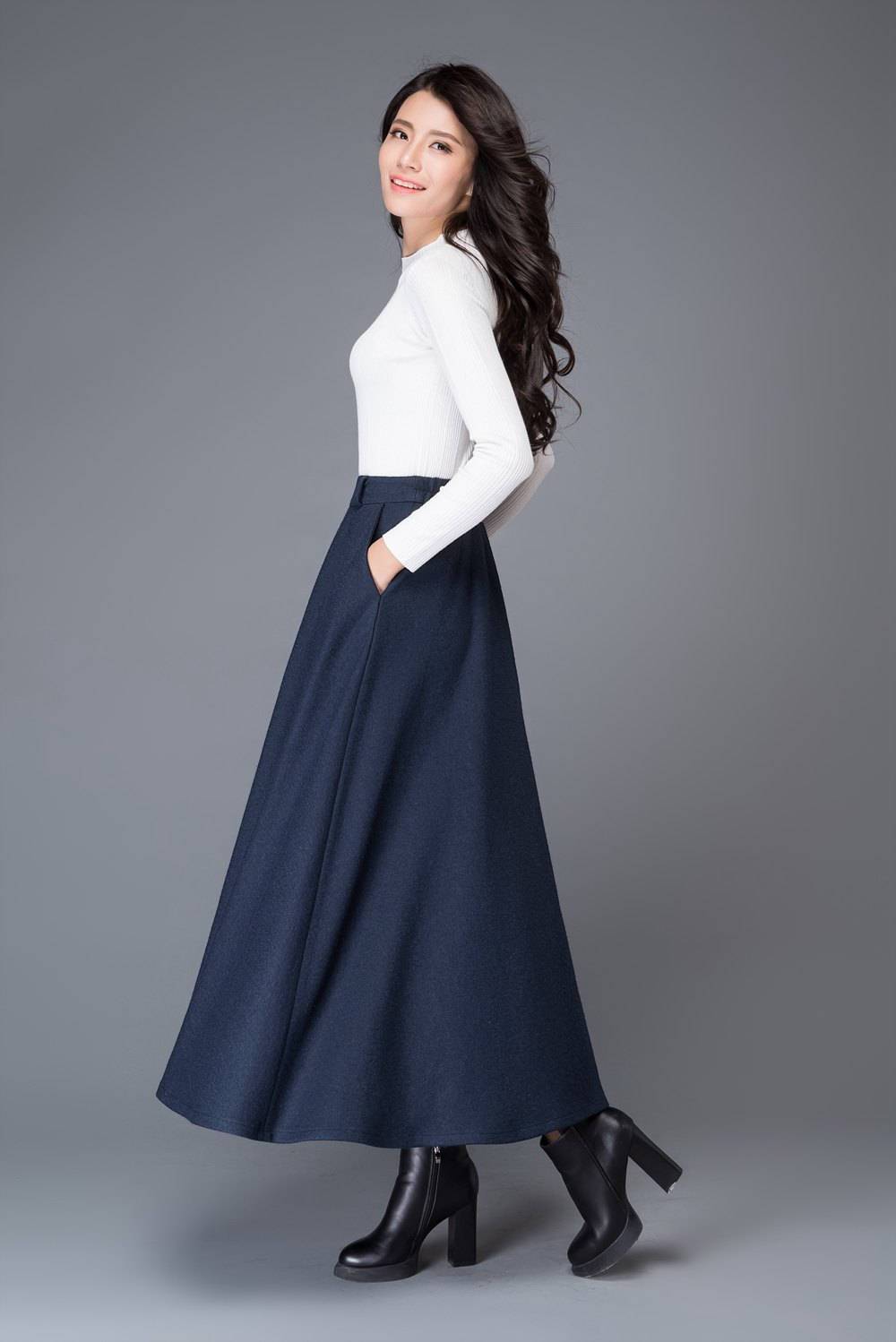 high waist A line wool maxi skirt C1006