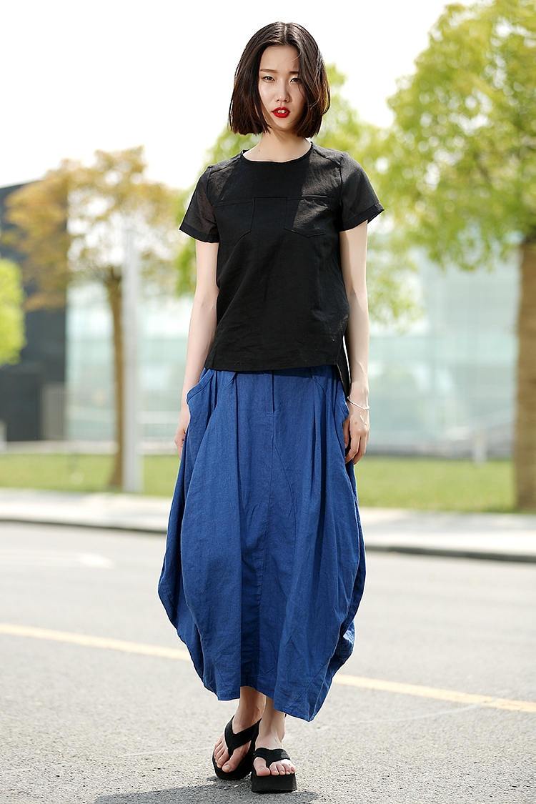 Modern Linen Skirt - Contemporary Blue Casual Every Day Comfortable Handmade Designer Woman's Skirt (C361)