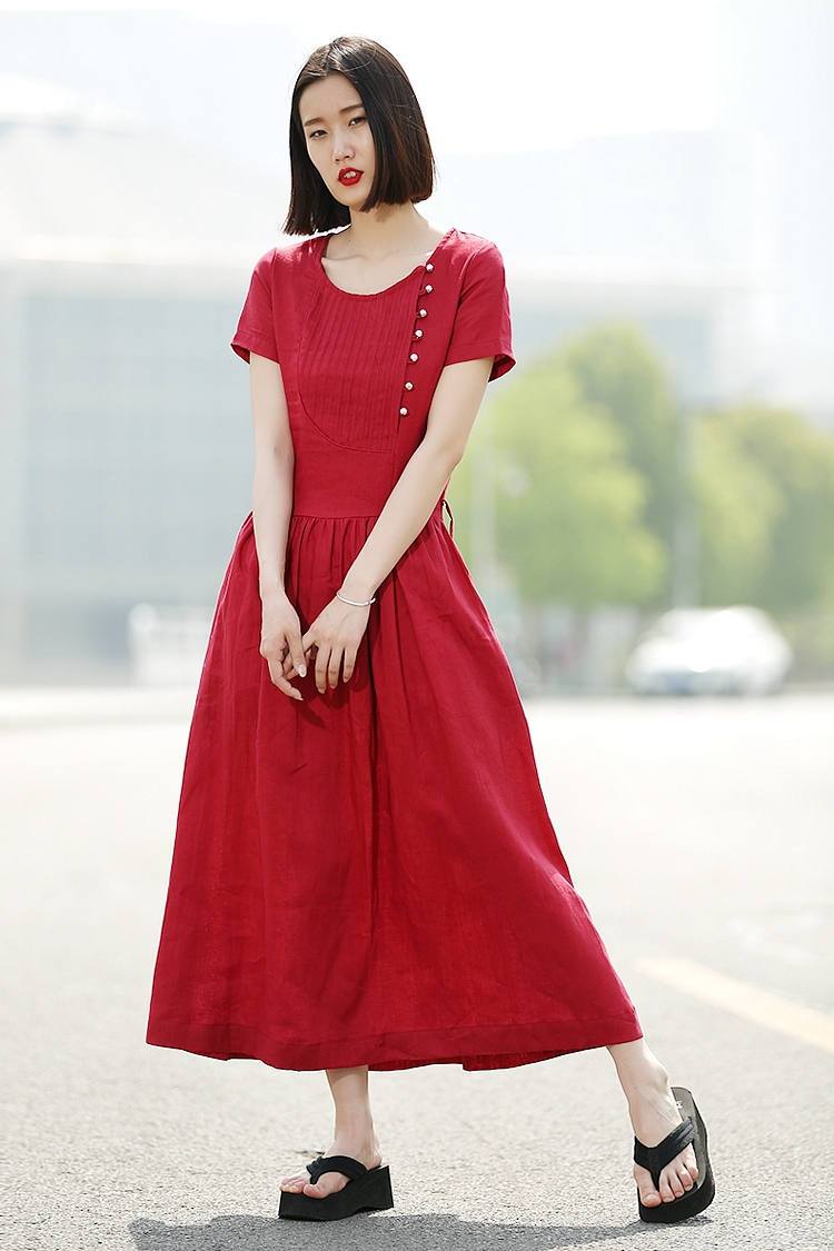 Dress, red dress, linen dress, casual dress, summer dress, maxi dress, long dress, womens dresses, pleated dress, dress pockets C345