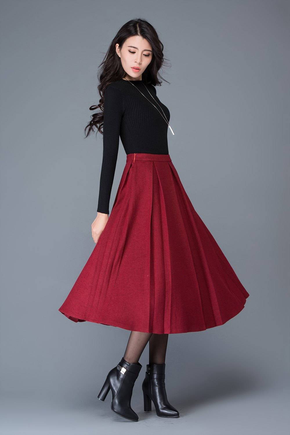 High waist A Line Pleated wool skirt in red C1032