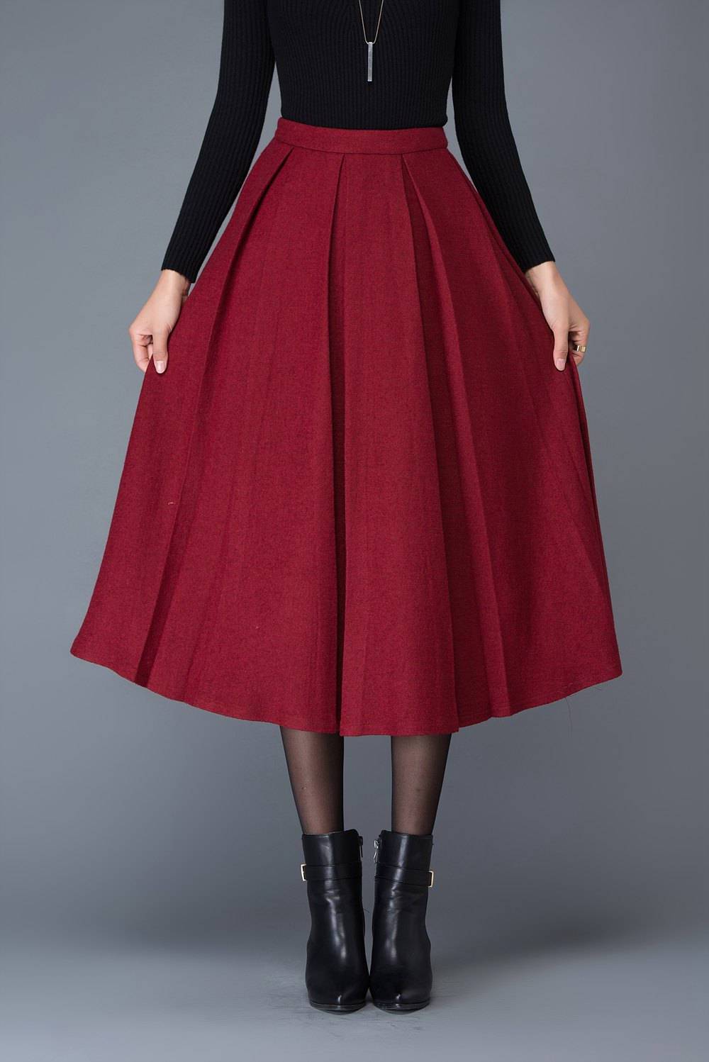 High waist A Line Pleated wool skirt in red C1032