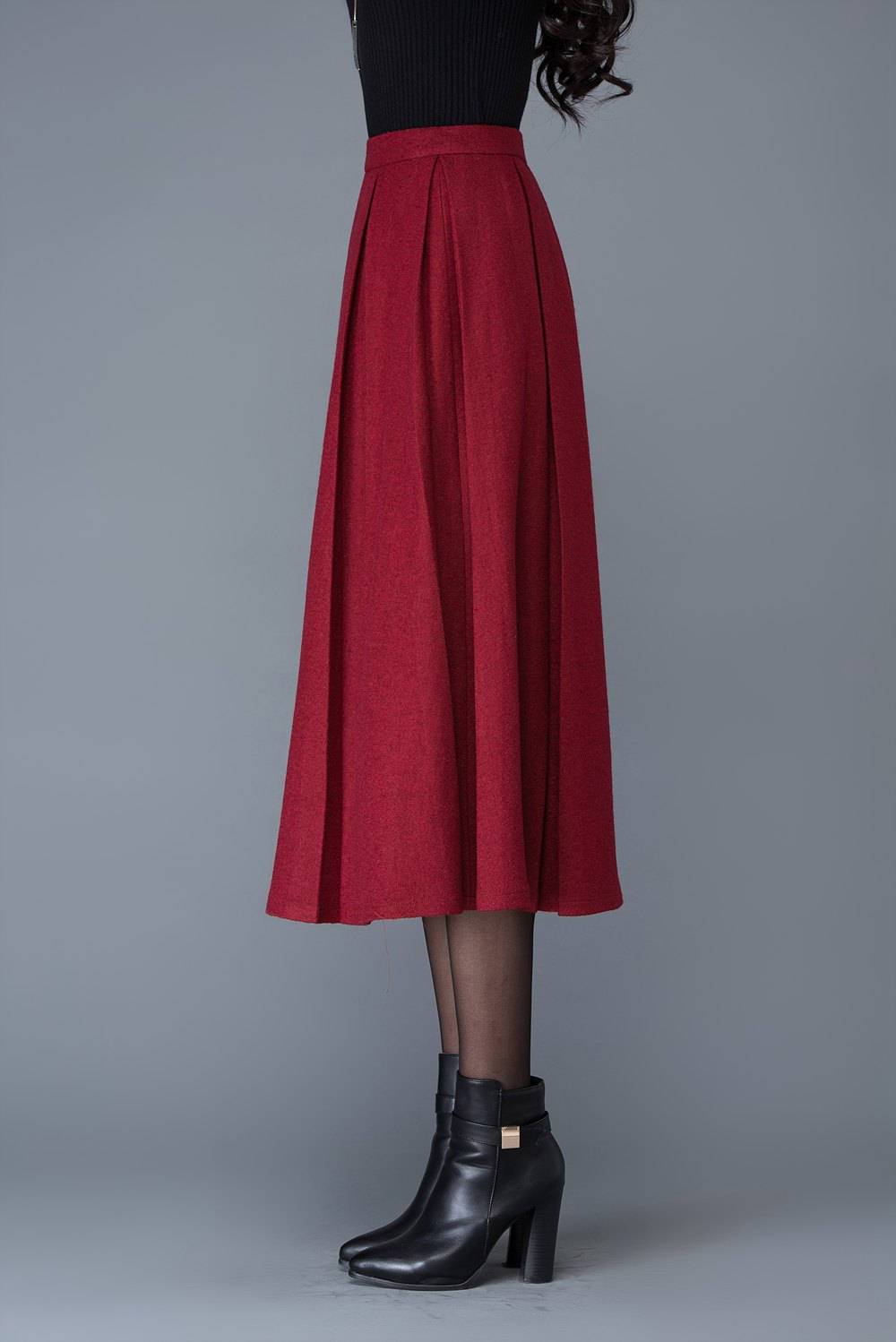 High waist A Line Pleated wool skirt in red C1032