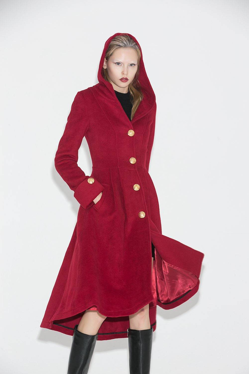 Red Wool Coat , Hooded wool Coat, wool coat, womens coats, Asymmetrical Hem Coat, red hooded coat, long red coat, Military Coat C680