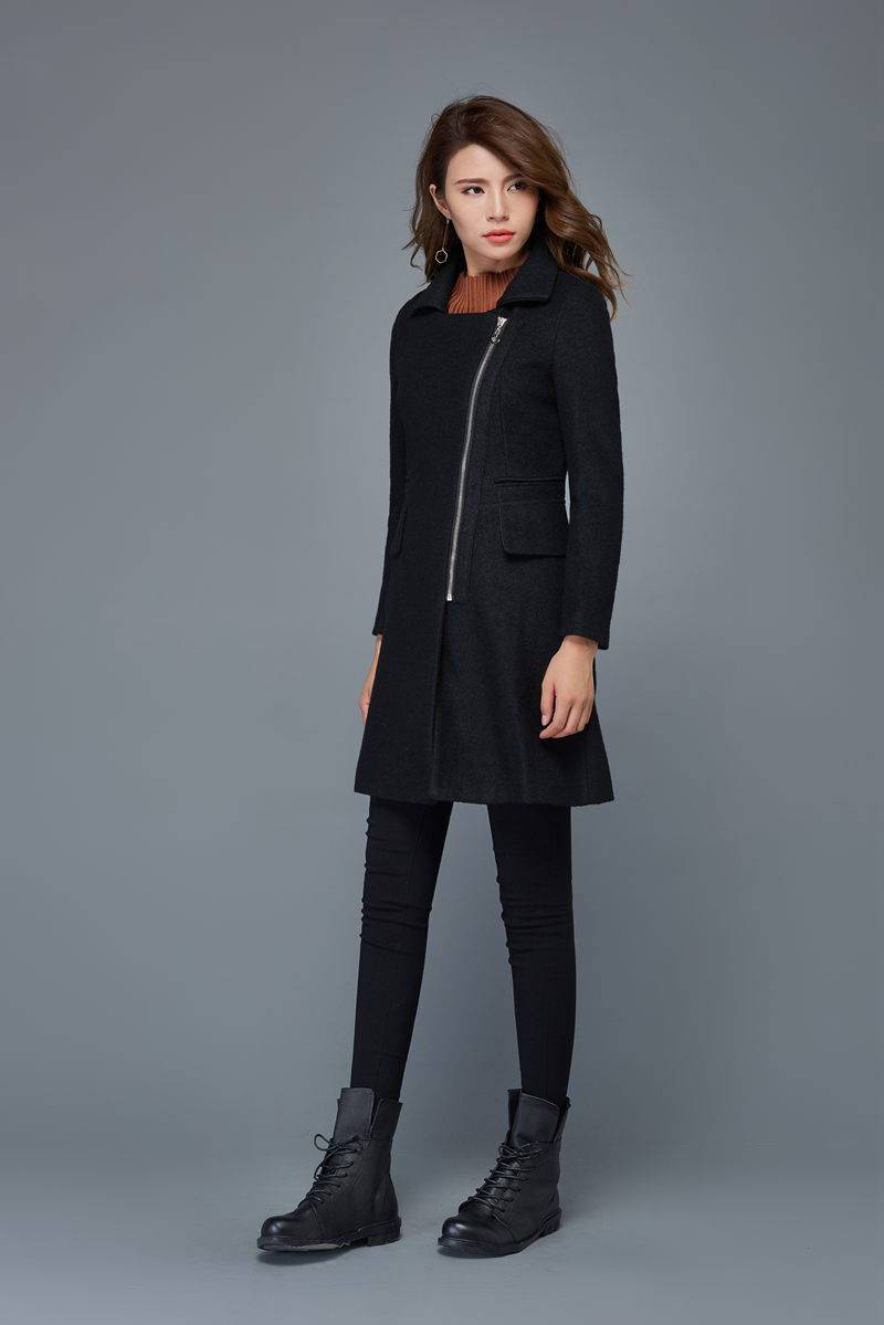 women's jackets, wool coat, winter coat, warm coat, black peacoat, asymmetrical coat, winter warm jacket, short jacket, zipper coat C981