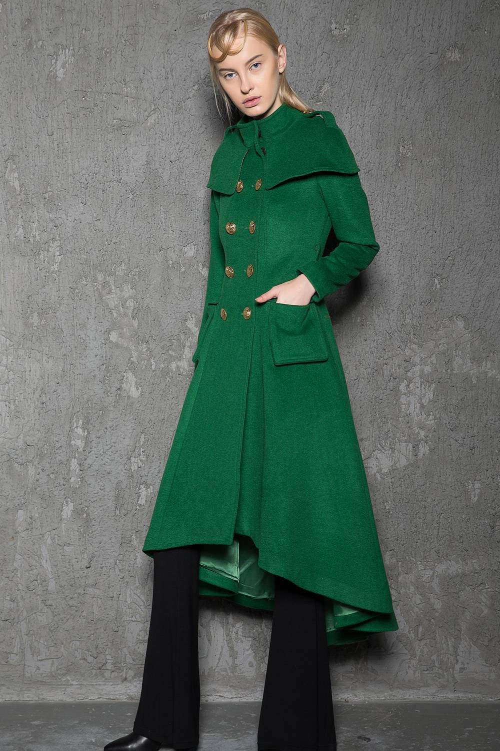 Green Long Coat, Emerald Capelet Coat, Designer Tailored Handmade Double-Breasted Asymmetrical Unique Woman's Coat, Winter Coat C714