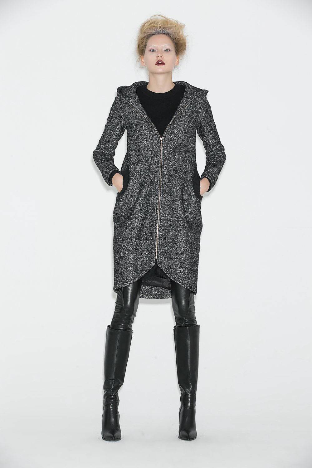 Hooded Winter Coat, Gray Mid Length Womens Jacket, Zipper Closure and Tulip Shape Hemline Womens Outerwear, Winter Coat C672