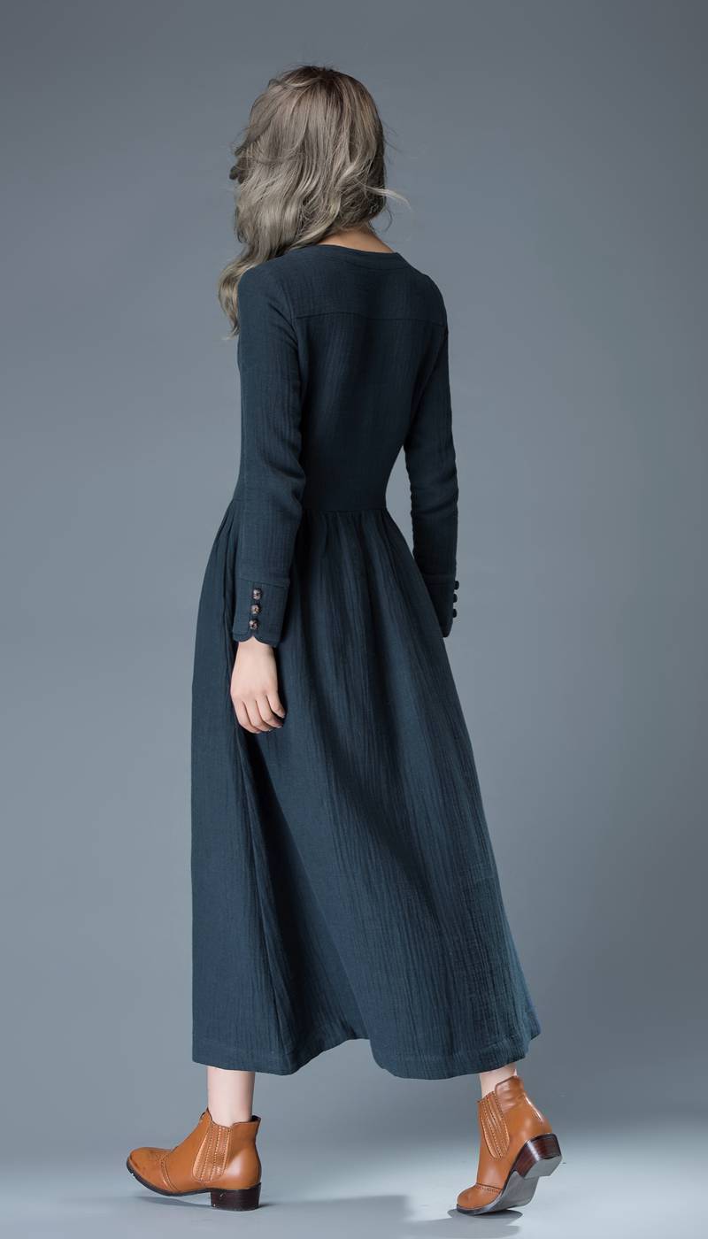 Navy Blue Spring Maxi Linen Dress C843