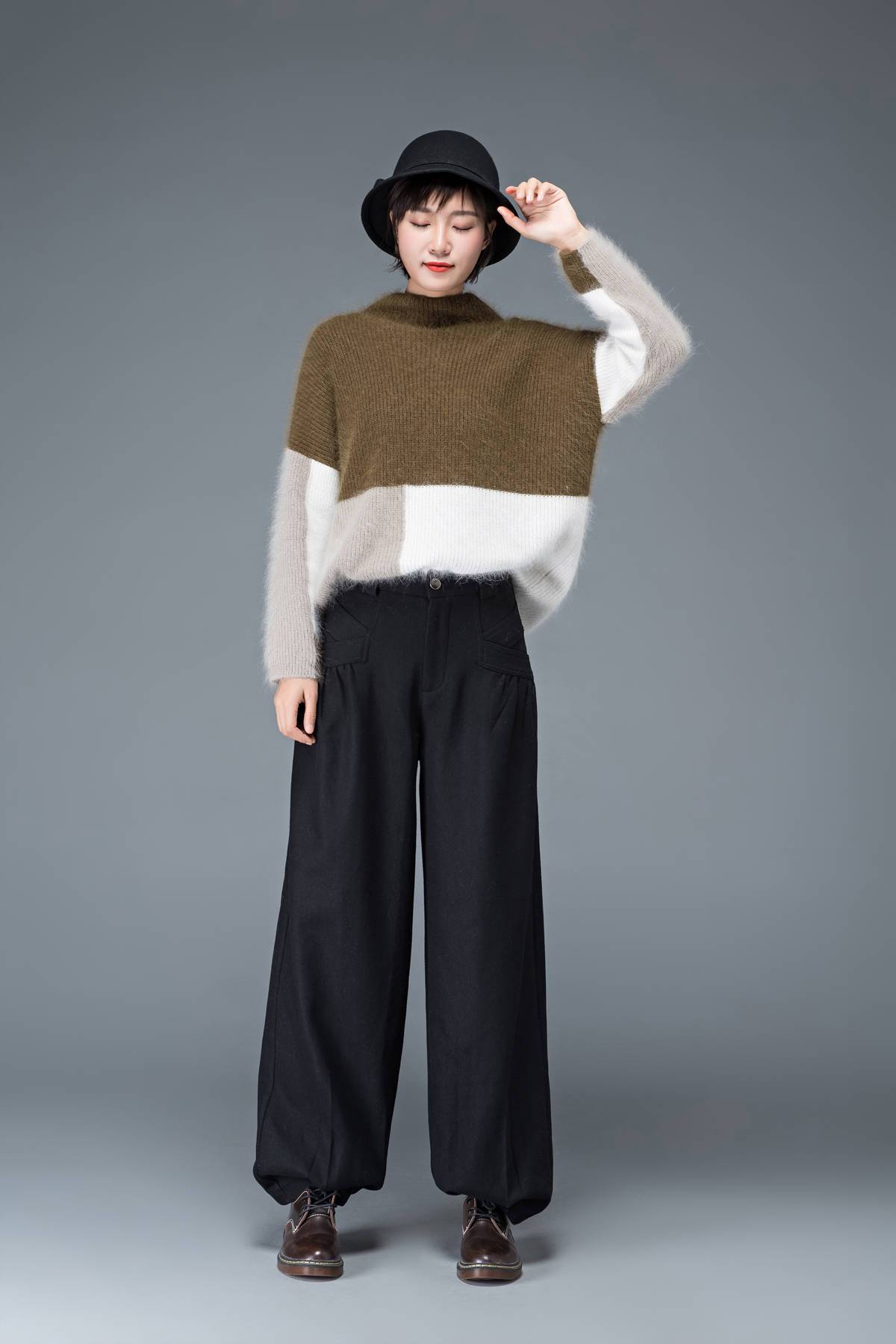 Long casual black winter wool pants C1179