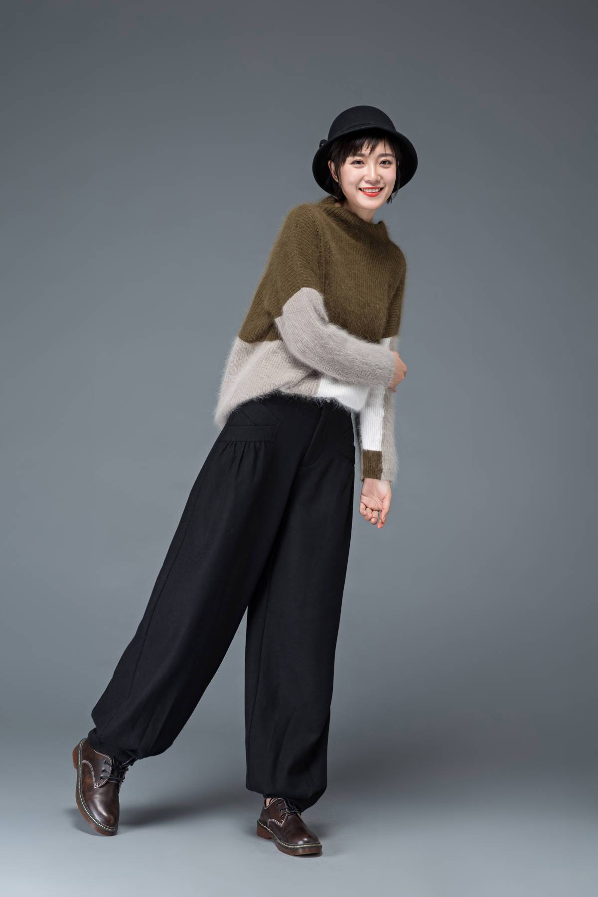 Long casual black winter wool pants C1179