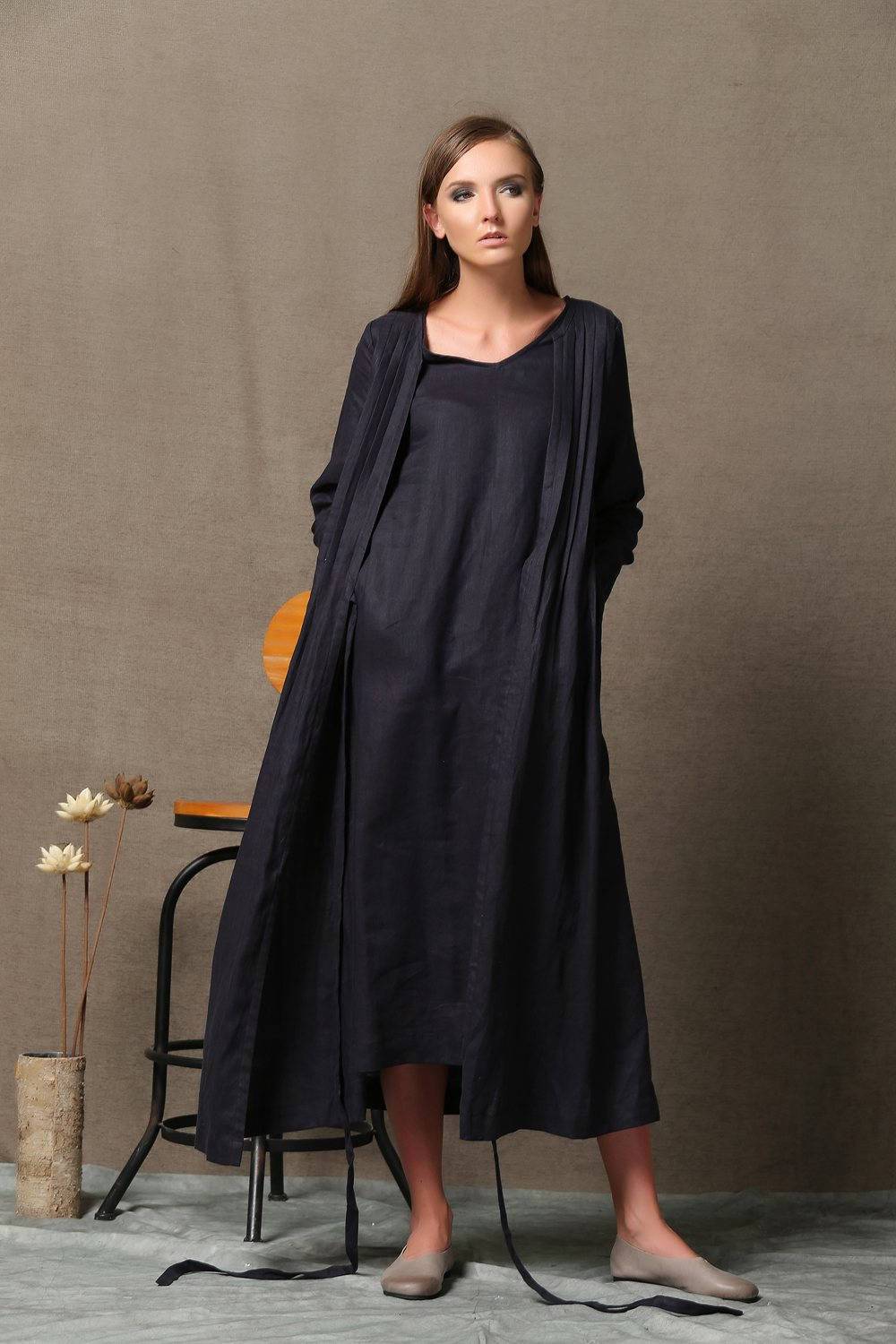 Black Dress, pleated dress, long linen dress, causal dress, linen dress, summer dress, long sleeve dress, maxi dress, loose dress C557