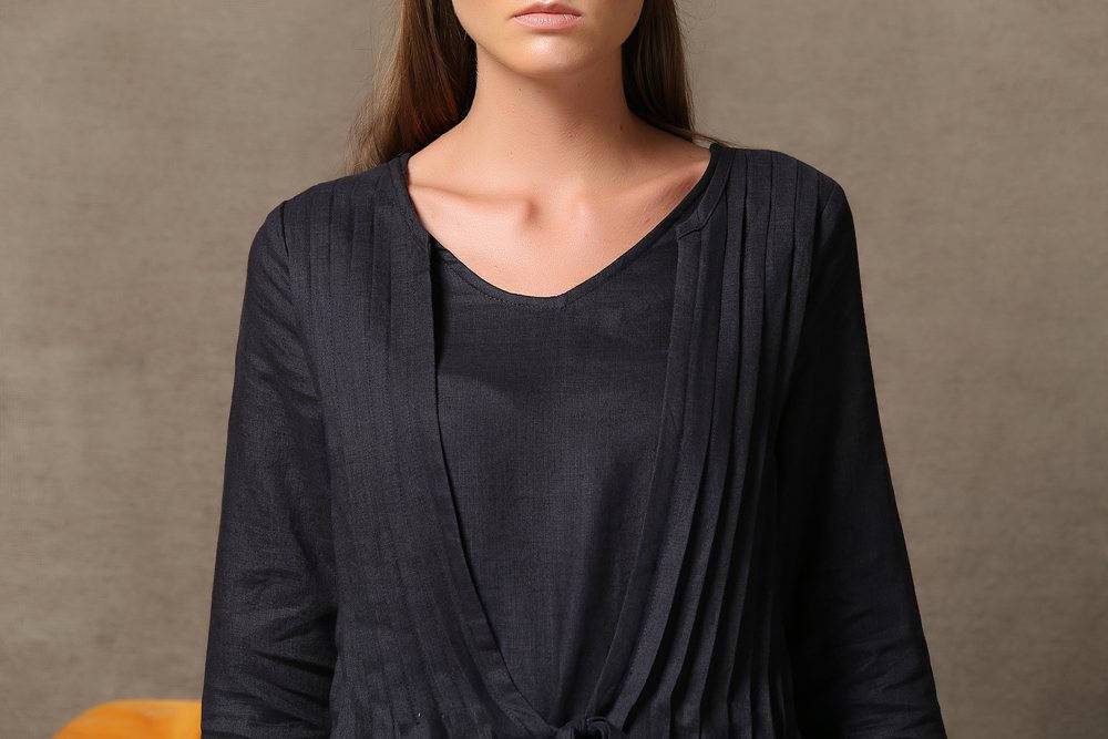 Black Dress, pleated dress, long linen dress, causal dress, linen dress, summer dress, long sleeve dress, maxi dress, loose dress C557