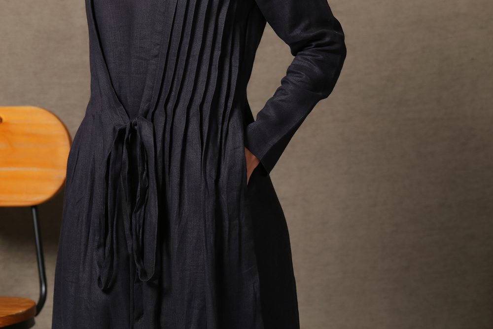 Black Dress, pleated dress, long linen dress, causal dress, linen dress, summer dress, long sleeve dress, maxi dress, loose dress C557