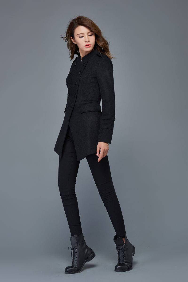 Warm coat, wool coat, black coat, winter jackets, double breasted coat, short coats, womens jackets, wool jacket, mandarin collar coat C977