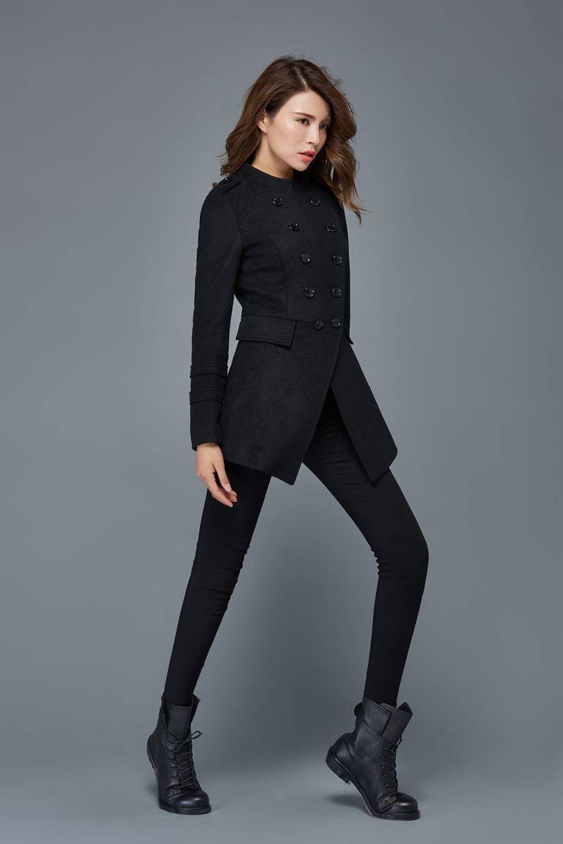 Warm coat, wool coat, black coat, winter jackets, double breasted coat, short coats, womens jackets, wool jacket, mandarin collar coat C977