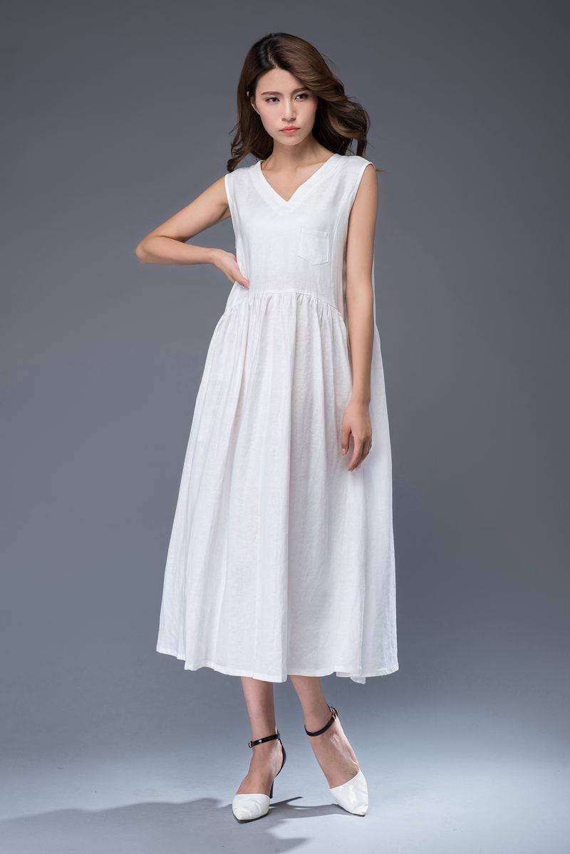 Sleeveless loose fit V neck maxi linen dress C487