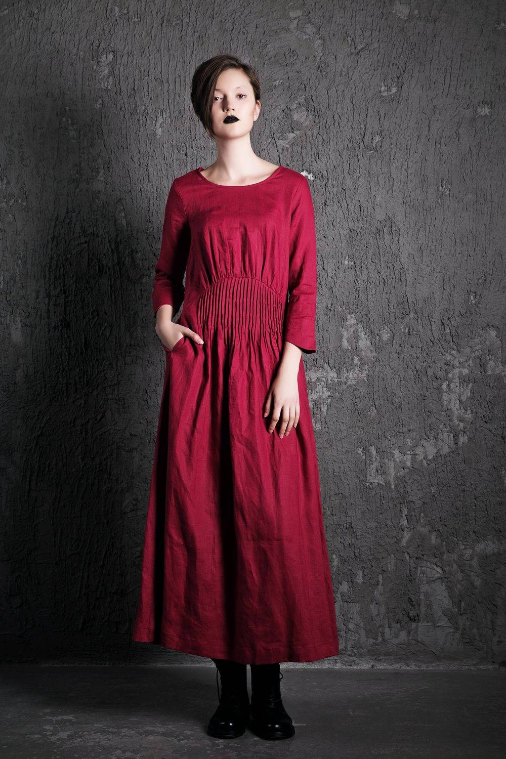 Red Linen Maxi Dress - Raspberry Fit & Flare with Pintuck Pleated Waist Summer Fall Fashion Womens Dress (C500)