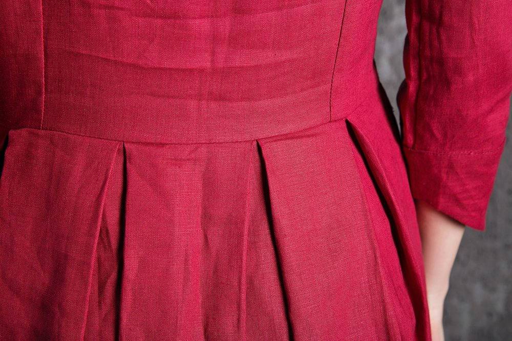 Red Linen Maxi Dress - Raspberry Fit & Flare with Pintuck Pleated Waist Summer Fall Fashion Womens Dress (C500)