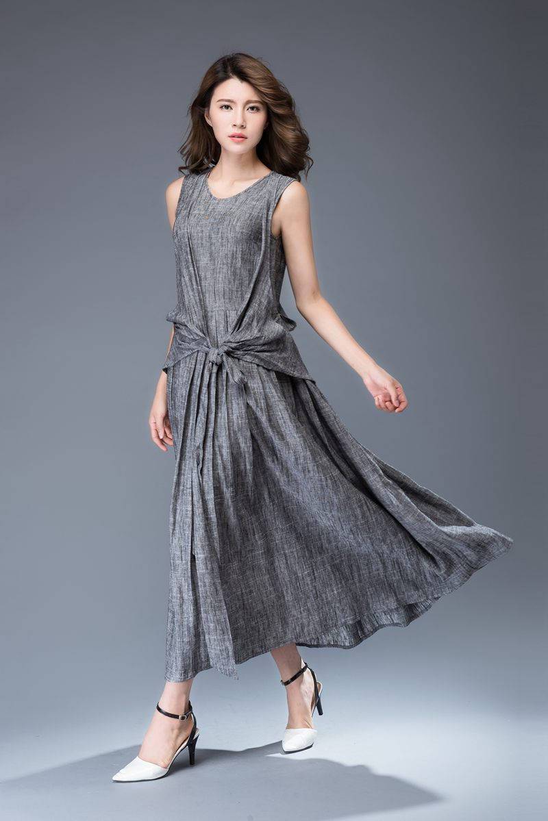 linen dress, gray dress, maxi dress, womens dresses, dress, long dress for women, sleeveless dress, linen dress woman, gray dressy tops C934