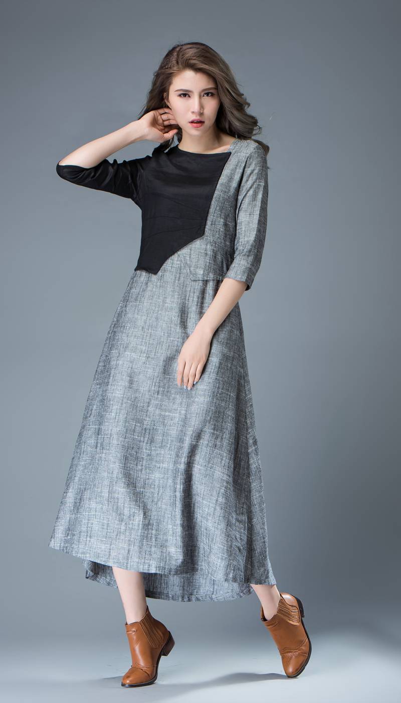 Linen Dress, black dress, gray dress, maxi dress, long dress, womens dresses, dress, vintage dress, designer dress, black linen dress C805