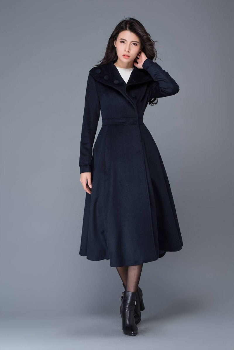 Long Navy Blue Wool Coat C1021#