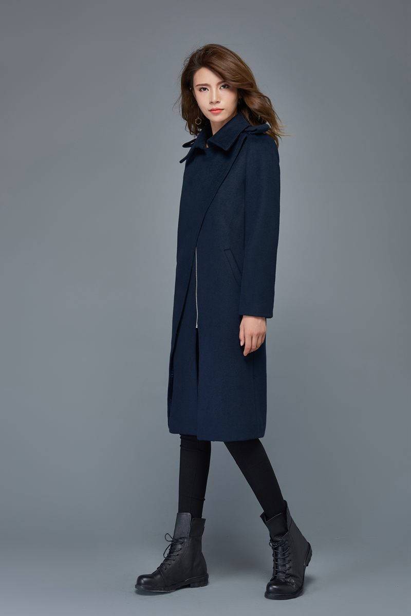 Winter coats for women, navy blue wool coat, mid length coat, unique coat, warm jacket, womens coats, zipper coat, custom jackets C973