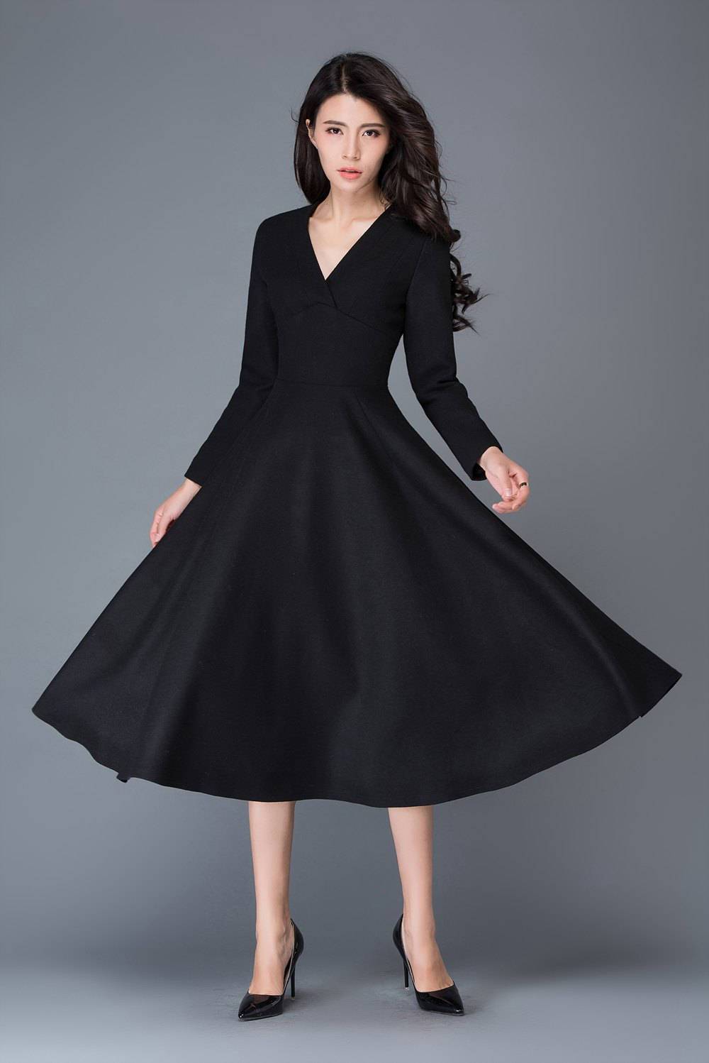 Wool dress, winter dress, black dress C1027