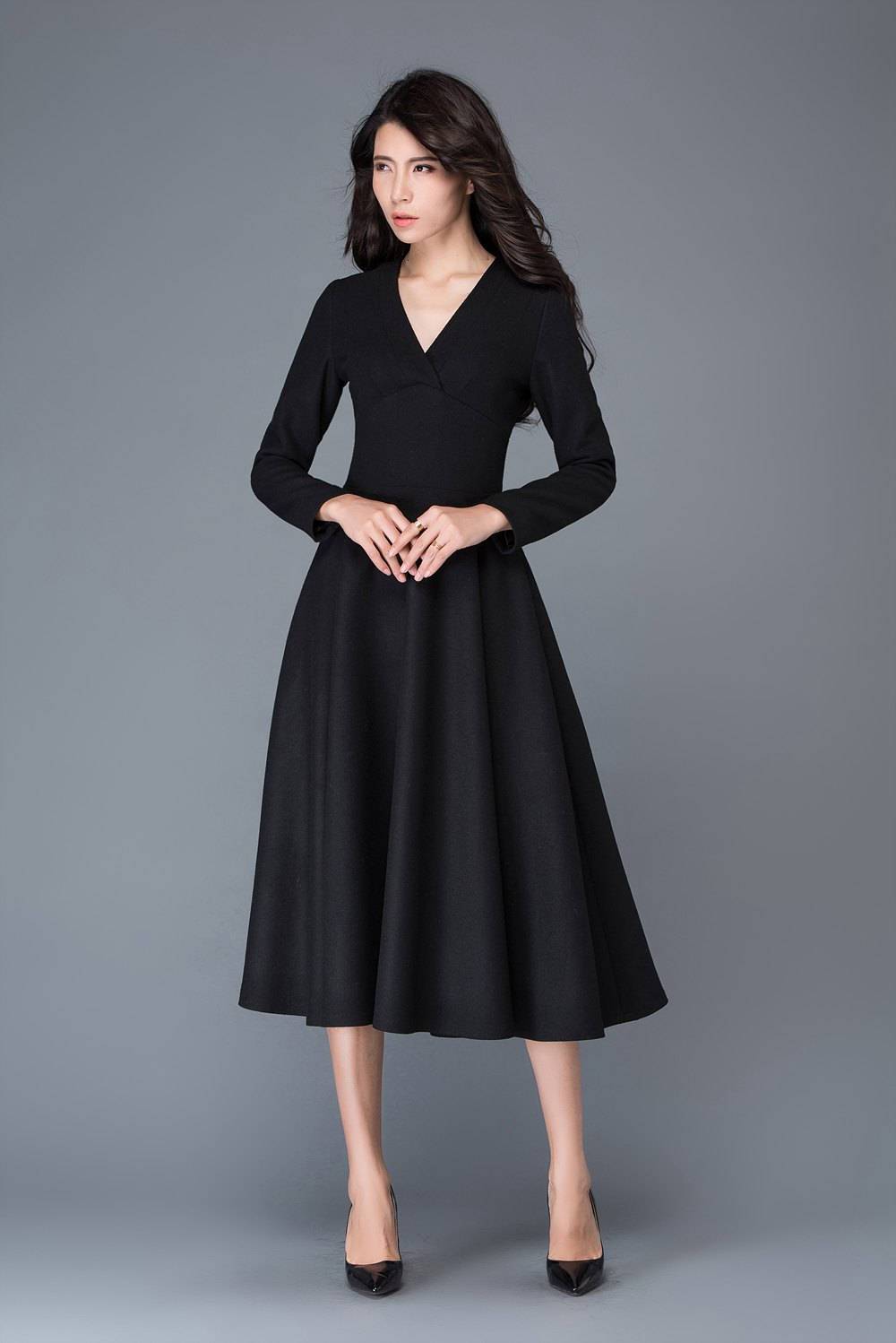 Wool dress, winter dress, black dress C1027
