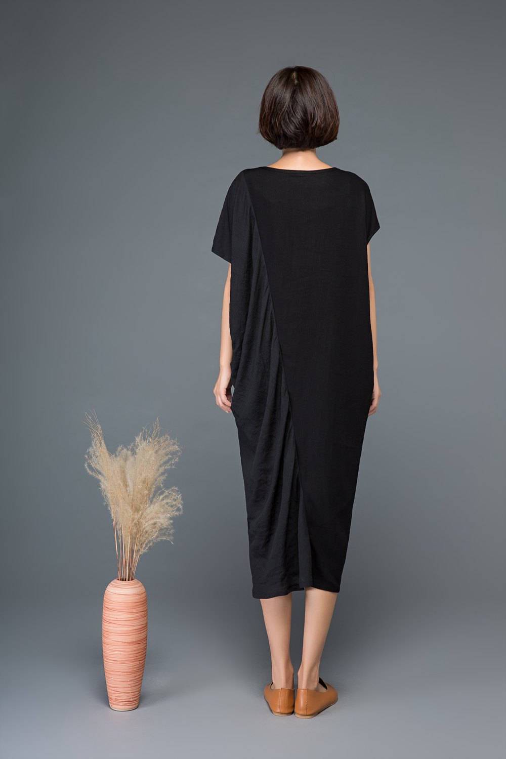 Black linen dress, linen dress, black dress, linen dresses for women, pocket dress, midi dress, summer dress, pluse size dress C1148