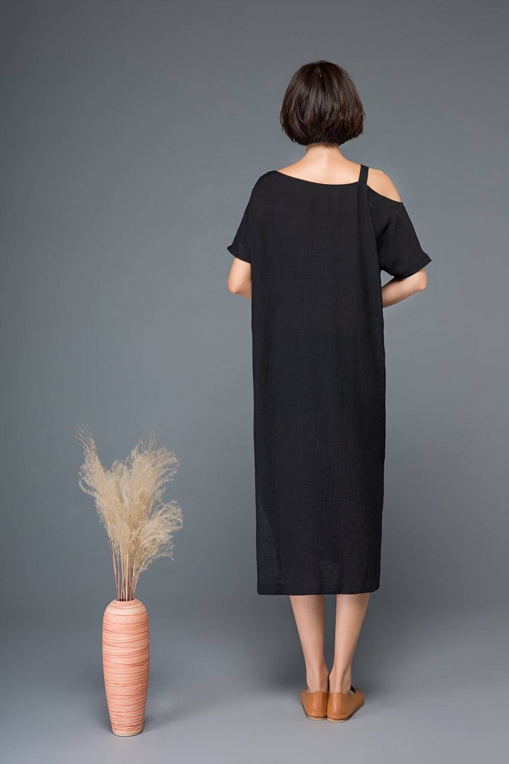 Split dress, one shoulder dress, black dress, linen dress, midi dress, womens dress, strap dress, summer dress, loose dress, day dress C1149