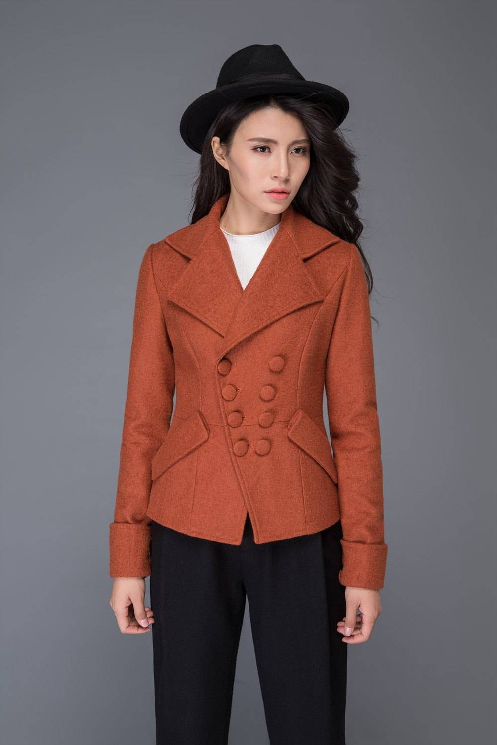 brown coat, wool jacket, winter jacket, asymmetric jacket, womens blazer, retro wool coat, jacket, mini coat, winter coat, coat, C1018