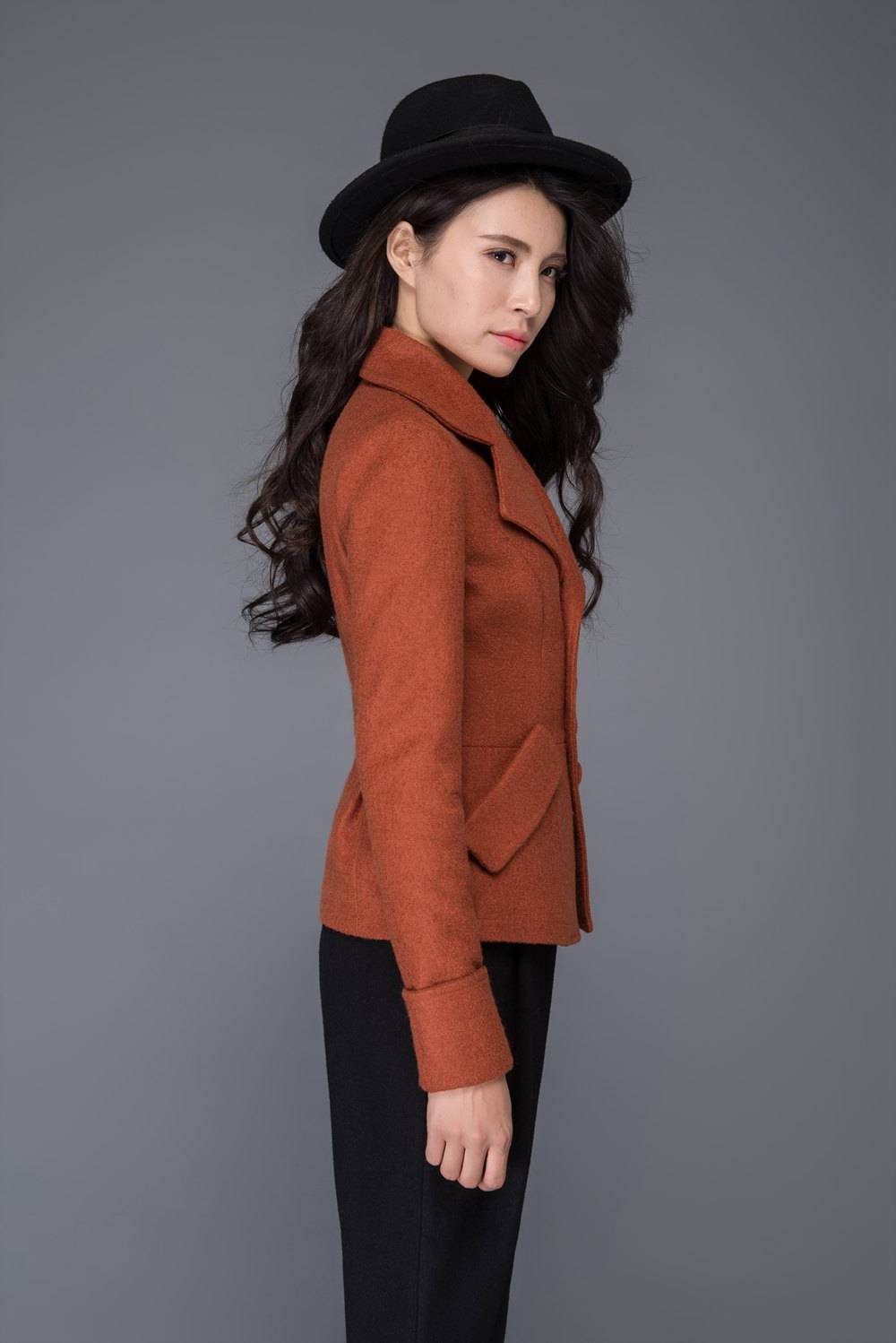 brown coat, wool jacket, winter jacket, asymmetric jacket, womens blazer, retro wool coat, jacket, mini coat, winter coat, coat, C1018