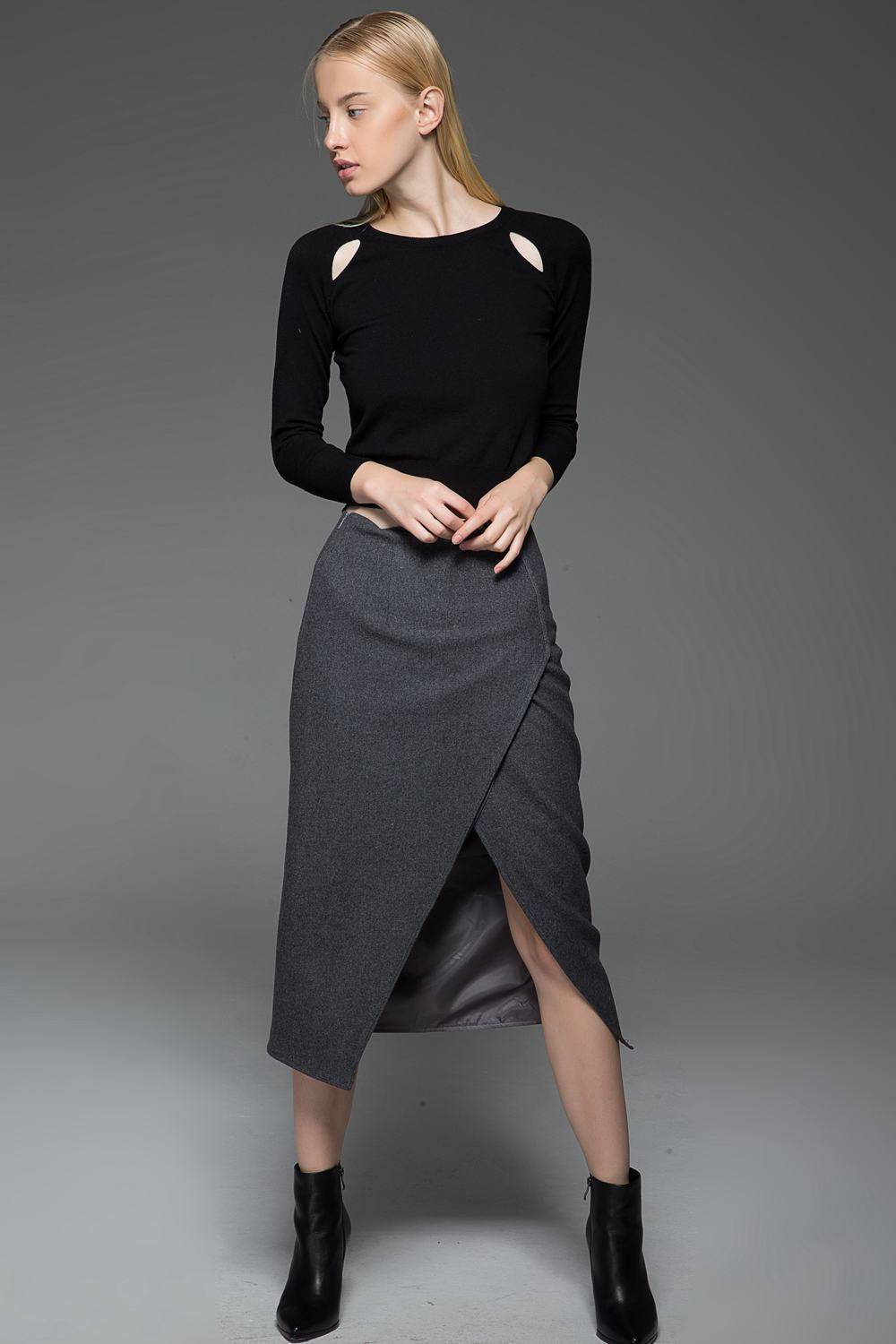 Pencil skirt, wool skirt, asymmetrical skirt, winter skirt, office skirt, formal skirt, unique skirt, designer skirt, gray skirt C763