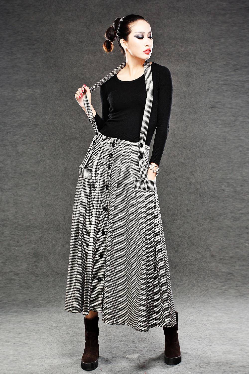 Wool Suspender skirt, pleated skirt, winter skirt, long skirt, womens skirts, maxi skirt, houndstooth skirt, button skirt, pocket skirt C049