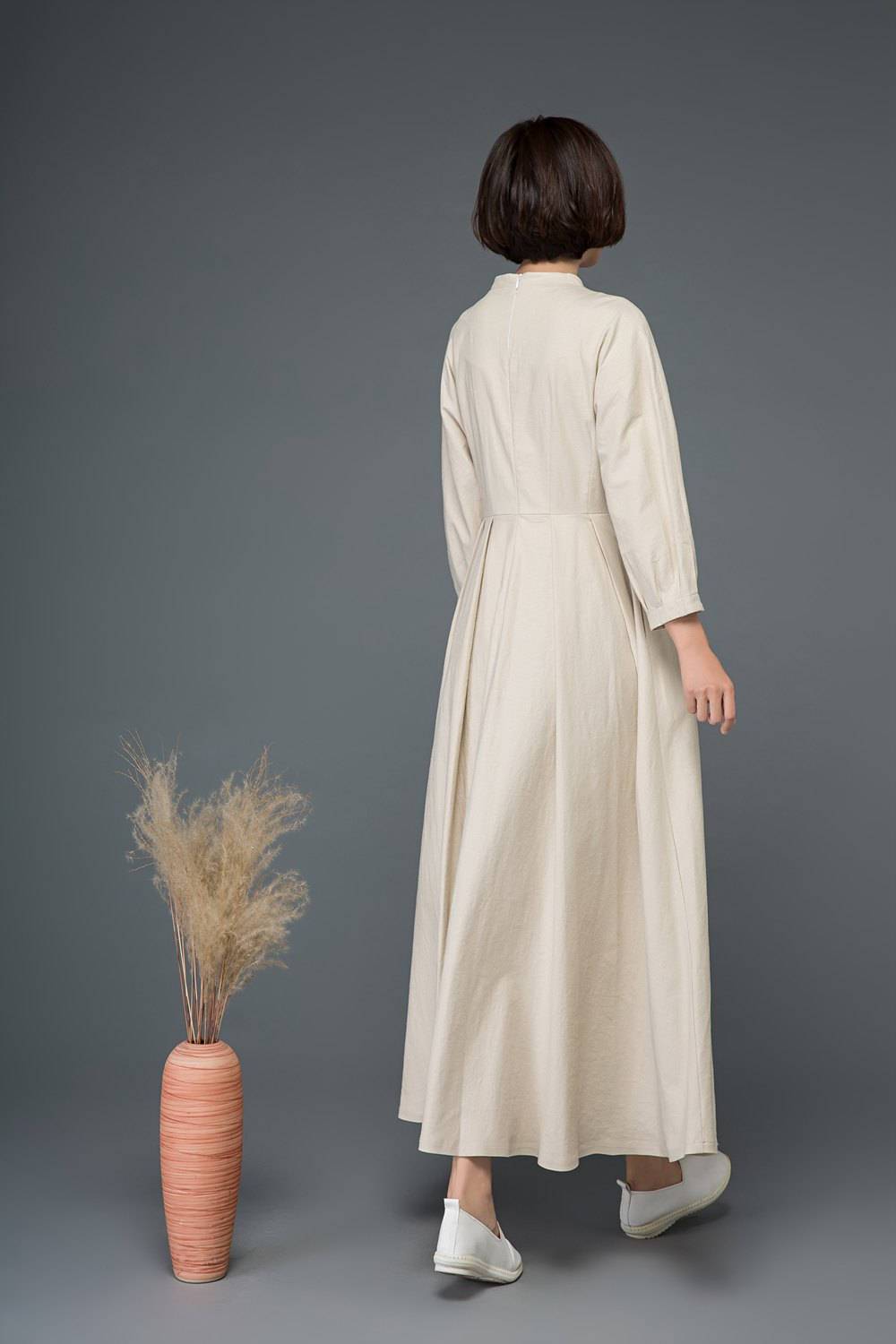 Beige linen dress, linen dress, women dress, Maxi dress, long linen dress, linen causal dress, pleated dress, plus size linen dress C1154