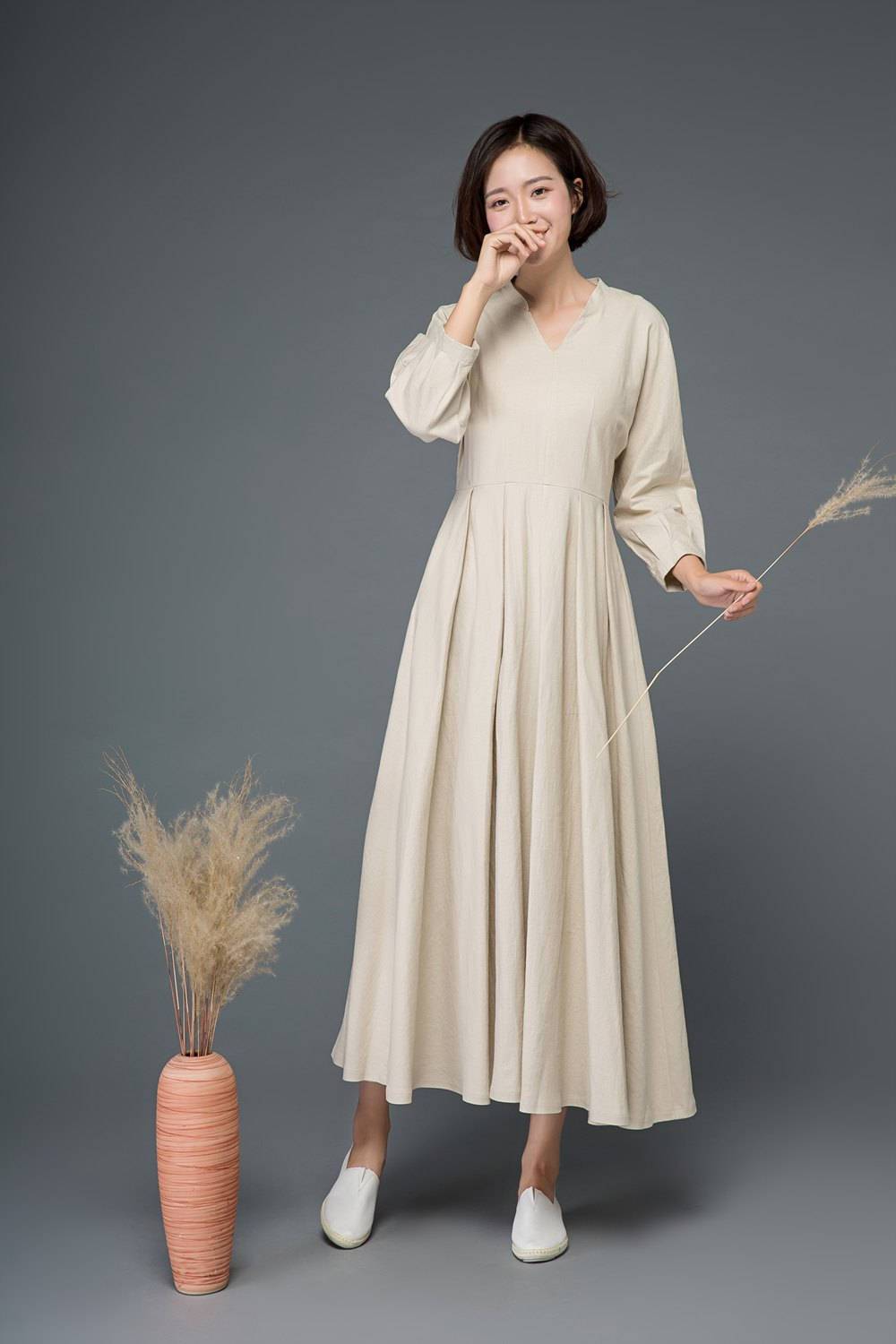 Beige linen dress, linen dress, women dress, Maxi dress, long linen dress, linen causal dress, pleated dress, plus size linen dress C1154